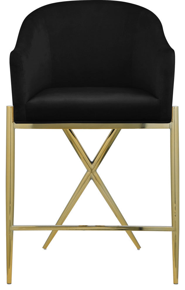 Xavier Velvet Upholstered Counter Height Stool, Black, Gold Finish