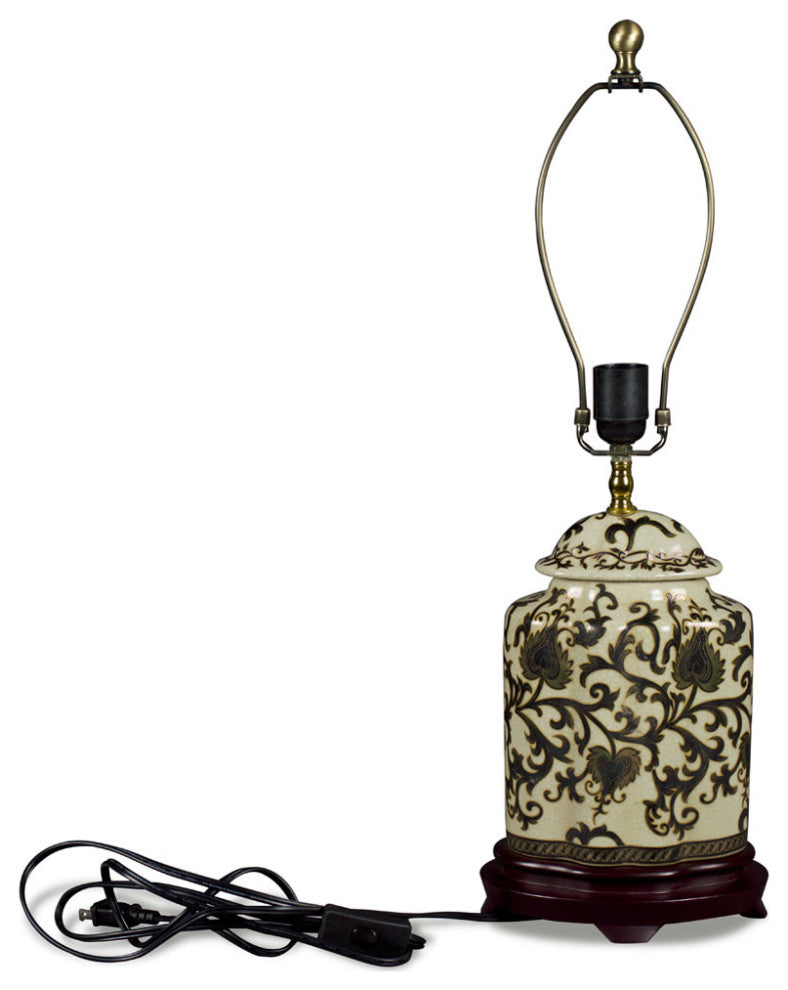 Black and Gold Floral Vine Motif Asian Porcelain Lamp