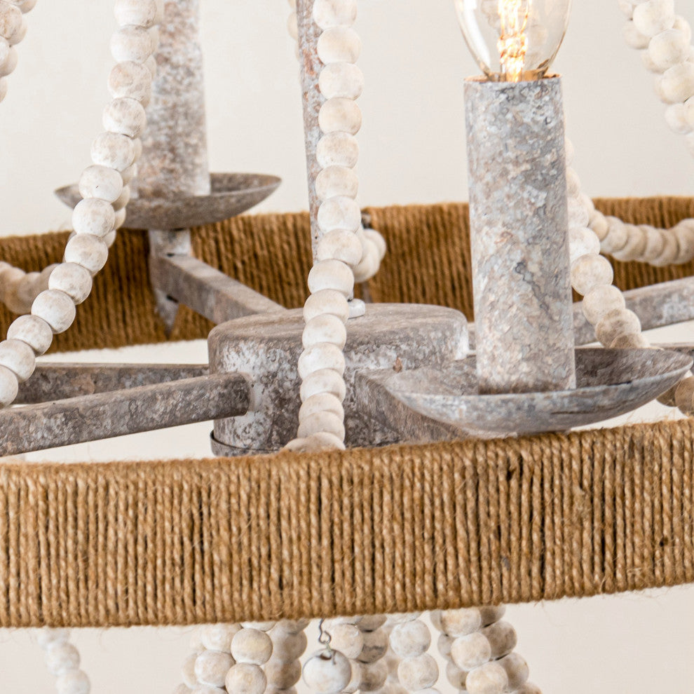 23.6 in Farmhouse 6-Light Wooden Beaded Candle Chandelier