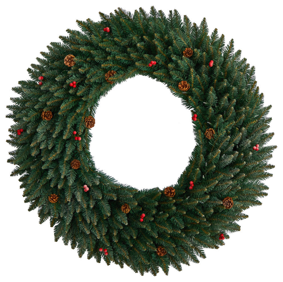 4' Large Flocked Artificial Christmas Wreath With Pinecones Berries 150 LEDs