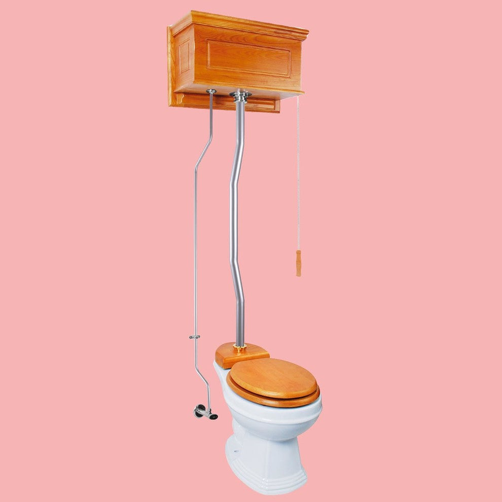 Light Oak High Tank Toilet With Round White Porcelain Bowl and Satin Z-Pipe