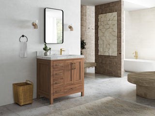 Malibu Teak 36" Right Offset Bath Vanity in Dark Natural 2" White Quartz