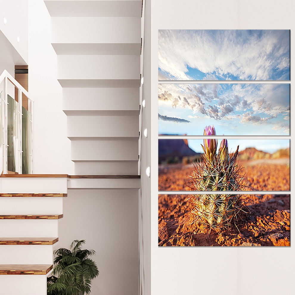 Large Cactus under Cloudy Sky, Floral Canvas Art Print, 28"x48", 4 Panels