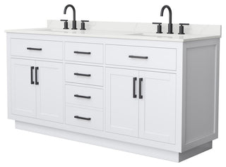 Beckett TK 72" White Double Vanity, Giotto Quartz Top, 3-Hole, Black Trim