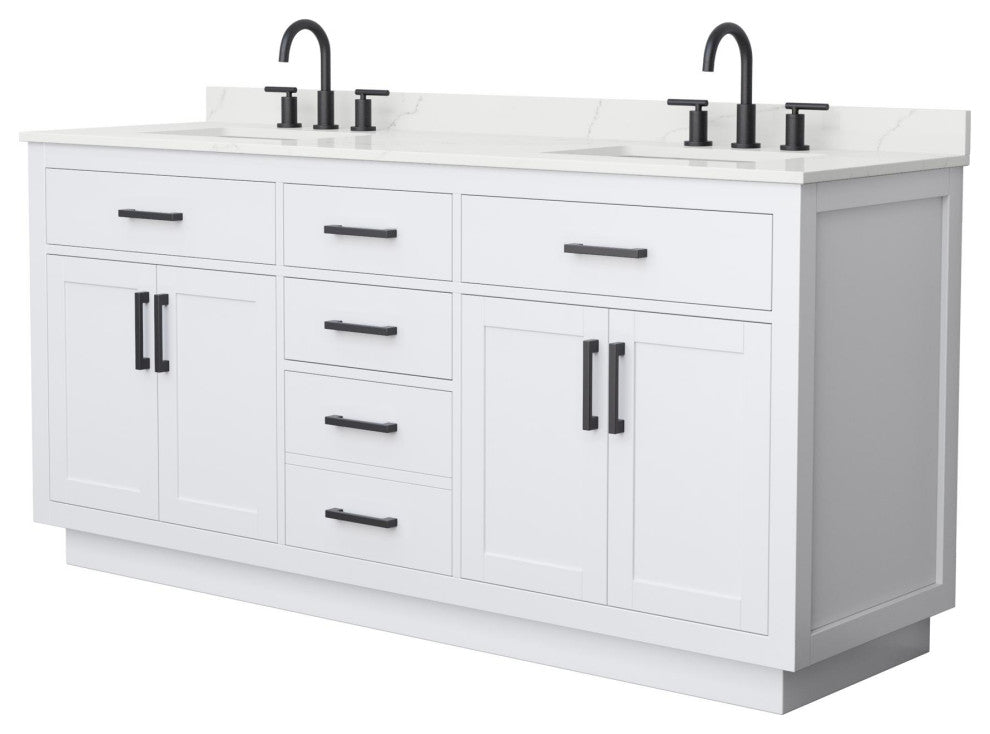 Beckett TK 72" White Double Vanity, Giotto Quartz Top, 3-Hole, Black Trim