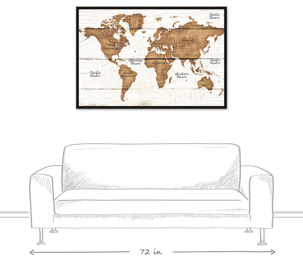 Distressed Wood World Map Walnut Floating Framed Canvas, 32"x48"