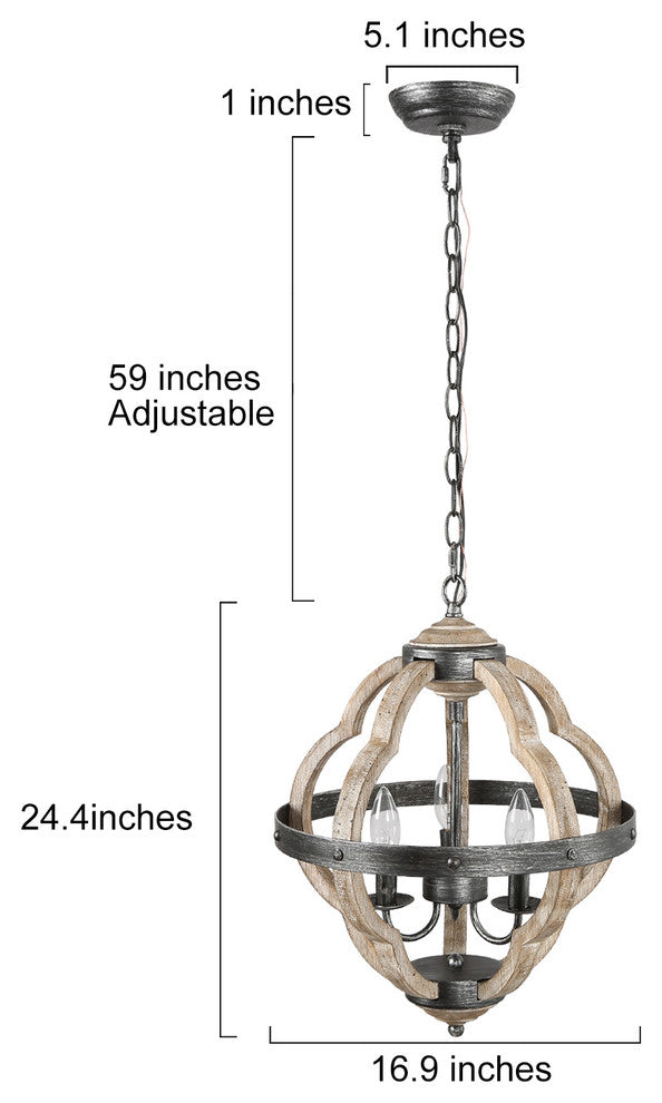 LNC 3-Lights Farmhouse Distressed Gray Globe Cage Mini Chandelier