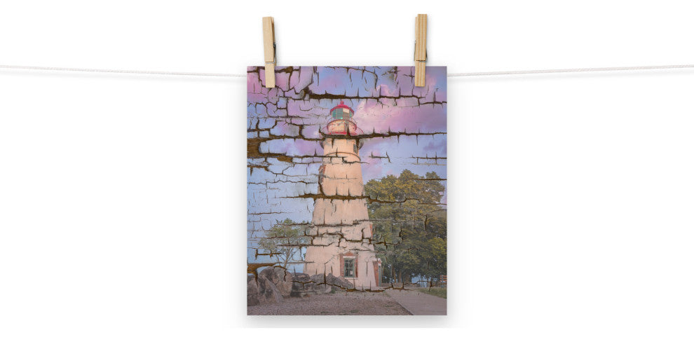 Faux Wood Texture Marblehead Lighthouse at Sunset Unframed Wall Art Prints, 8" X 10"