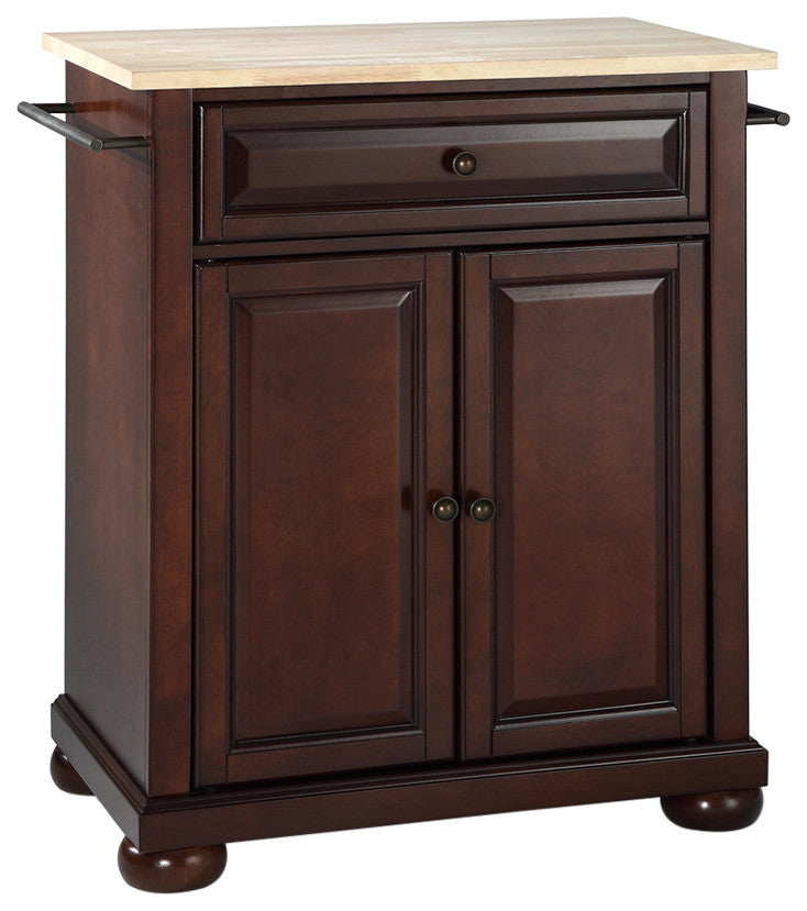 Alexandria Natural Wood Top Portable Kitchen Island, Vintage Mahogany Finish