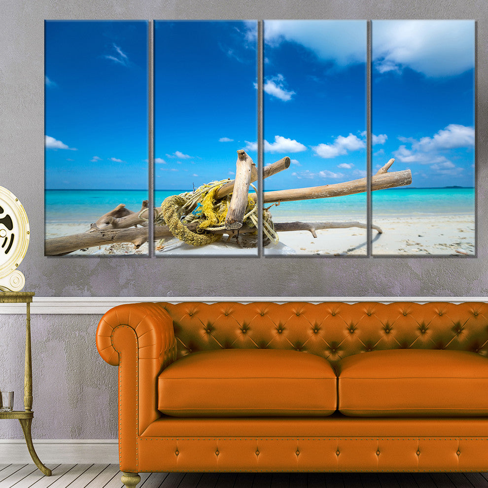 "Deadwood On White Sand Beach" Contemporary Seascape Wall Art, 4 Panels, 48"x28"