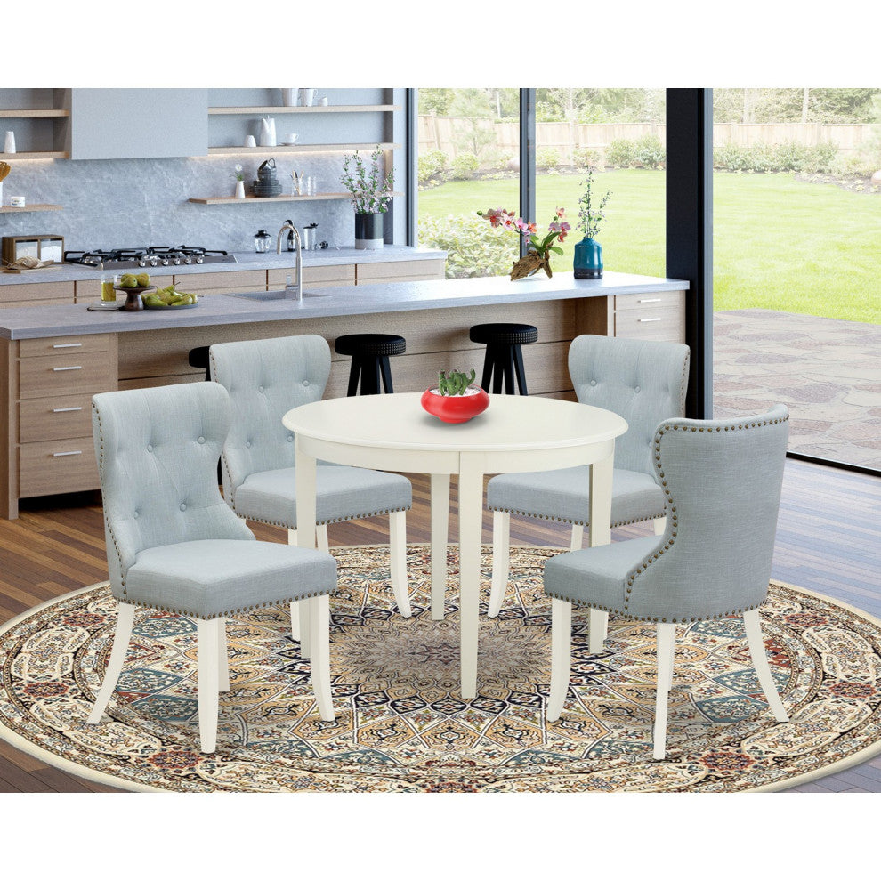 A Wooden Dining Set Of 4 Chairs, Baby Blue Color, Wooden Table, Linen White