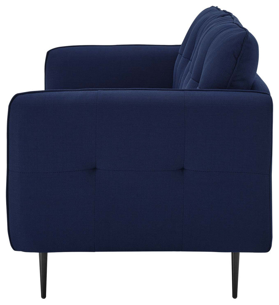 Tufted Sofa, Fabric, Dark Blue, Modern, Living Lounge Hotel Lobby Hospitality