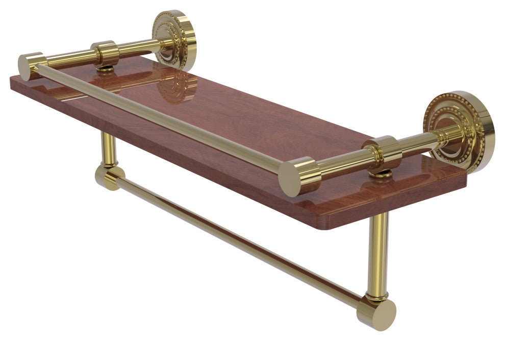 Dottingham 16" Wood Shelf with Gallery Rail and Towel Bar, Unlacquered Brass