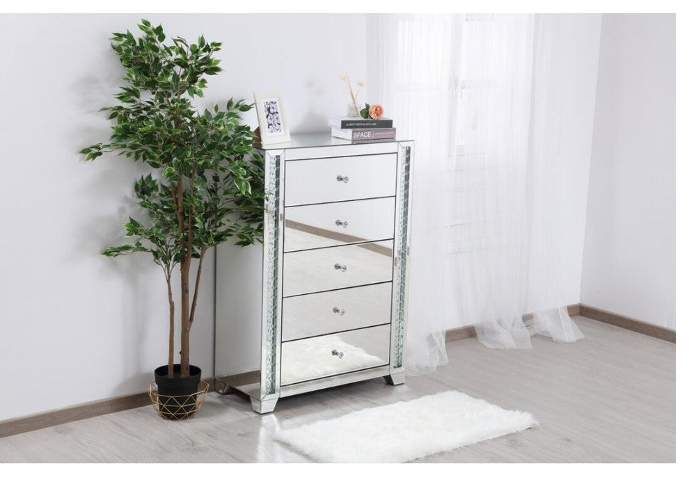 34" Clear Crystal Mirrored Five Drawer Cabinet