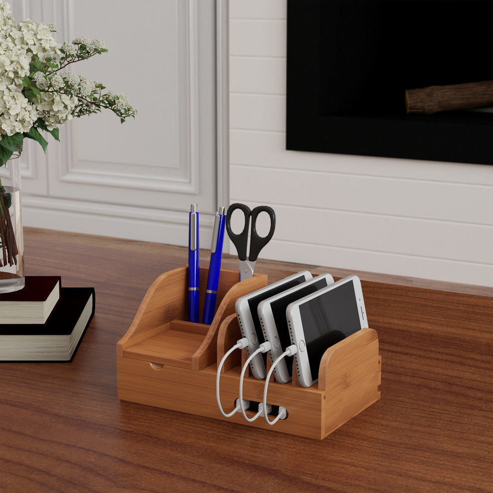 Lavish Home Bamboo Charging Dock and Cord Management Station