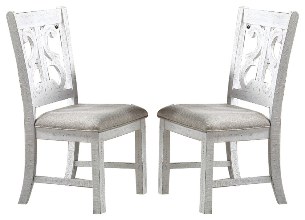 Fabric And Wooden Side Chair Of 2 with Backrest, Distressed White
