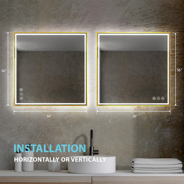 Fogless, Dimmable, Color Temperature Adjustable LED Mirror, Brush Gold, 36x36