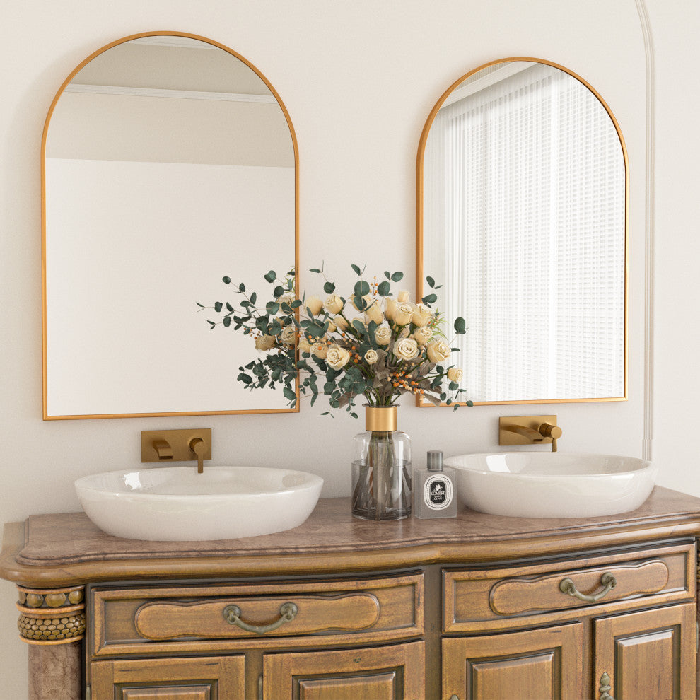 Easly Aluminum Alloy Framed Arched Wall Mirror, Gold, 26x38