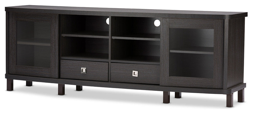 Walda 70" Dark Brown Wood TV Cabinet With Sliding Doors and Drawers