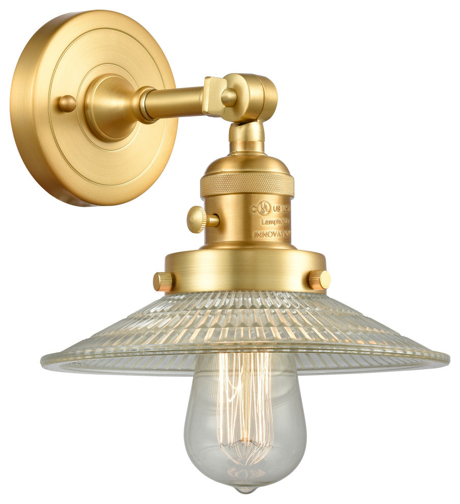 Halophane Sconce With Switch, Satin Gold, Clear Halophane