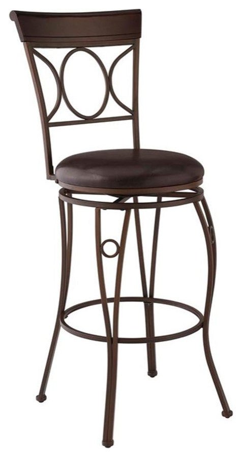 Linon Circles 30" Swivel Bar Stool with Brown Faux Leather Seat in Bronze Metal