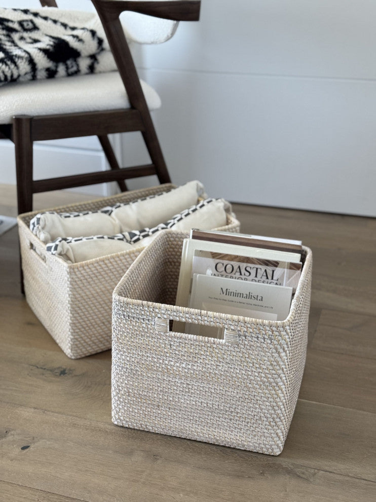 Loma Decorative Square Rattan Storage Basket With Handles, Honey-Brown, Latte