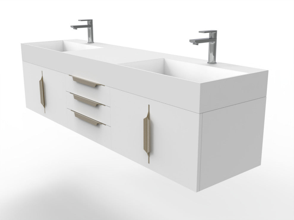 CastelloUSA Amazon 72" Wall Mounted Vanity Set, White, White Top, Gold Handles
