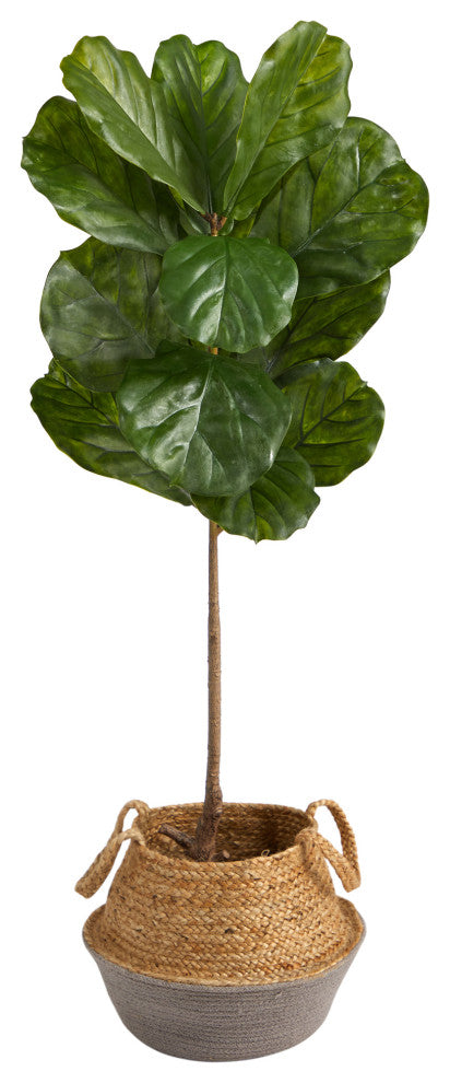 4' Fiddle Leaf Faux Tree, Boho Chic Handmade Cotton & Jute Gray Woven Planter
