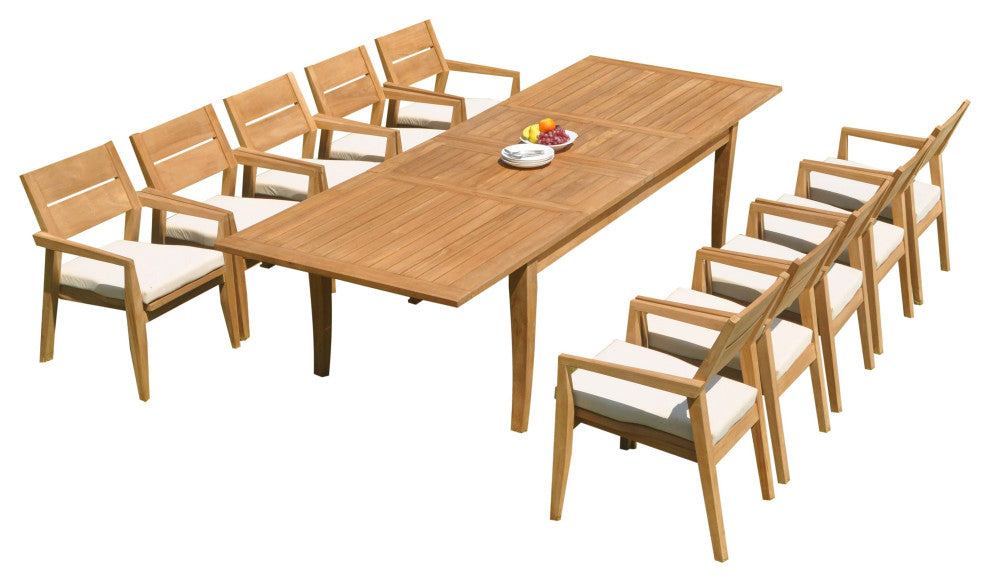 11-Piece Outdoor Teak Dining 122" X-Large Rectangle Table 10 Celo Stacking Chair