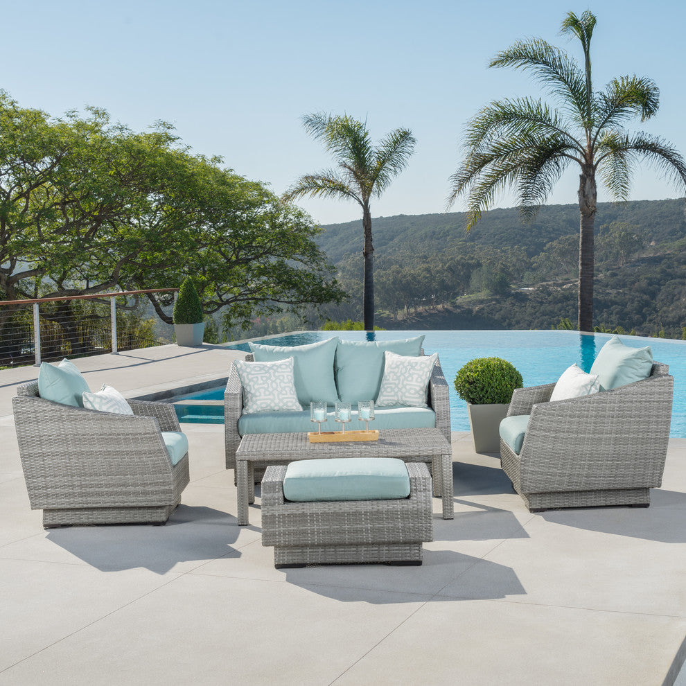 Cannes 5 Piece Sunbrella Outdoor Patio Love and Club Seating Set, Spa Blue