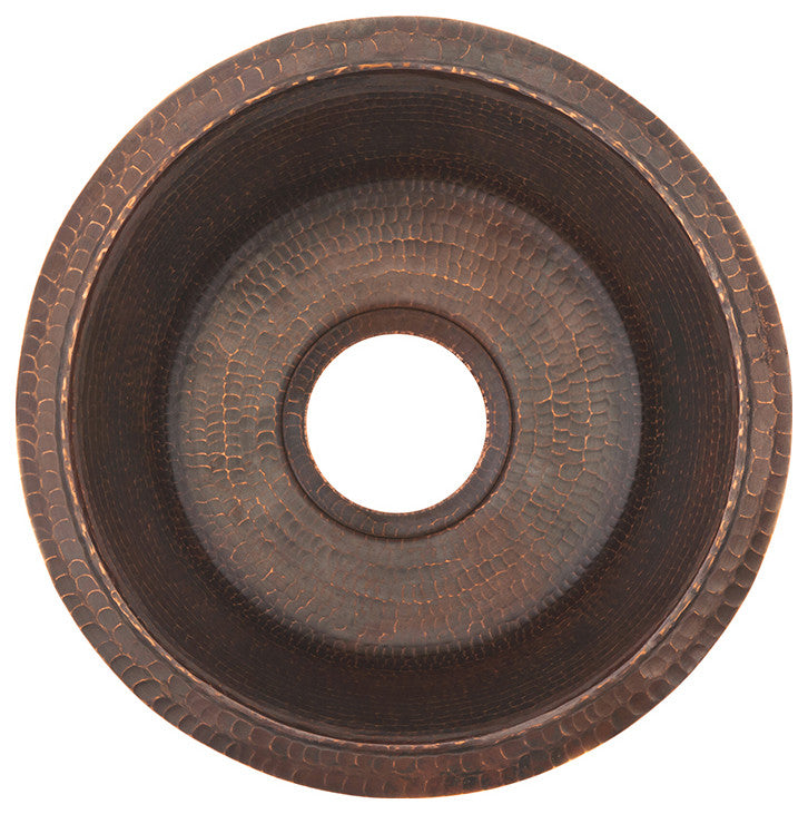 14" Round Hammered Copper Prep Sink, 3.5" Drain Opening, Drain & Accessories