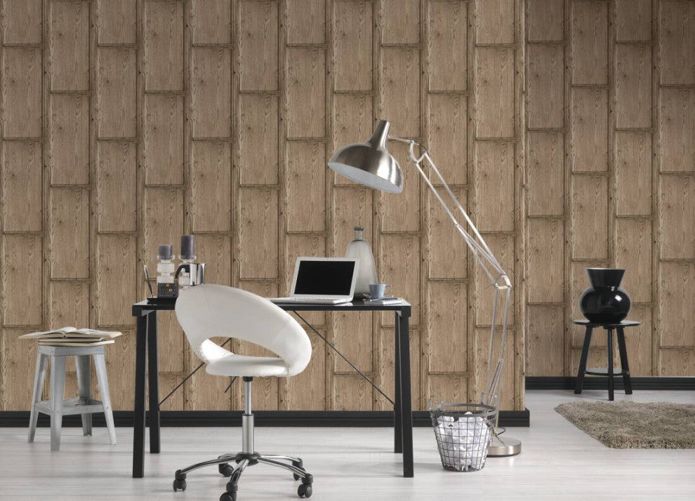 Loft Textured Wallpaper Featuring Rustic Wood, Gray Brown Beige, One Roll