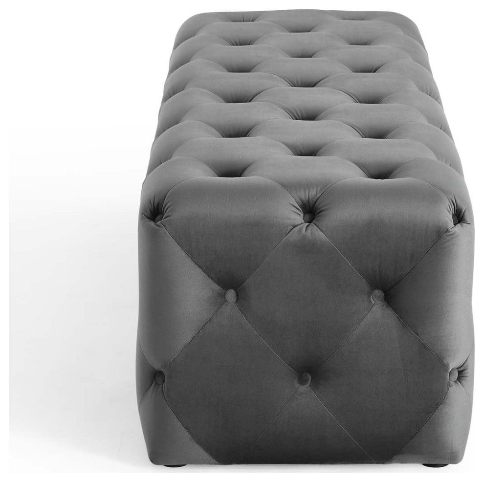 Tufted Accent Chair Bench, Velvet, Gray, Modern, Living Lounge Hospitality