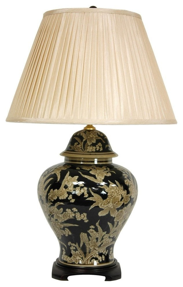 28" Black and Tan Floral Bouquet Vase Lamp