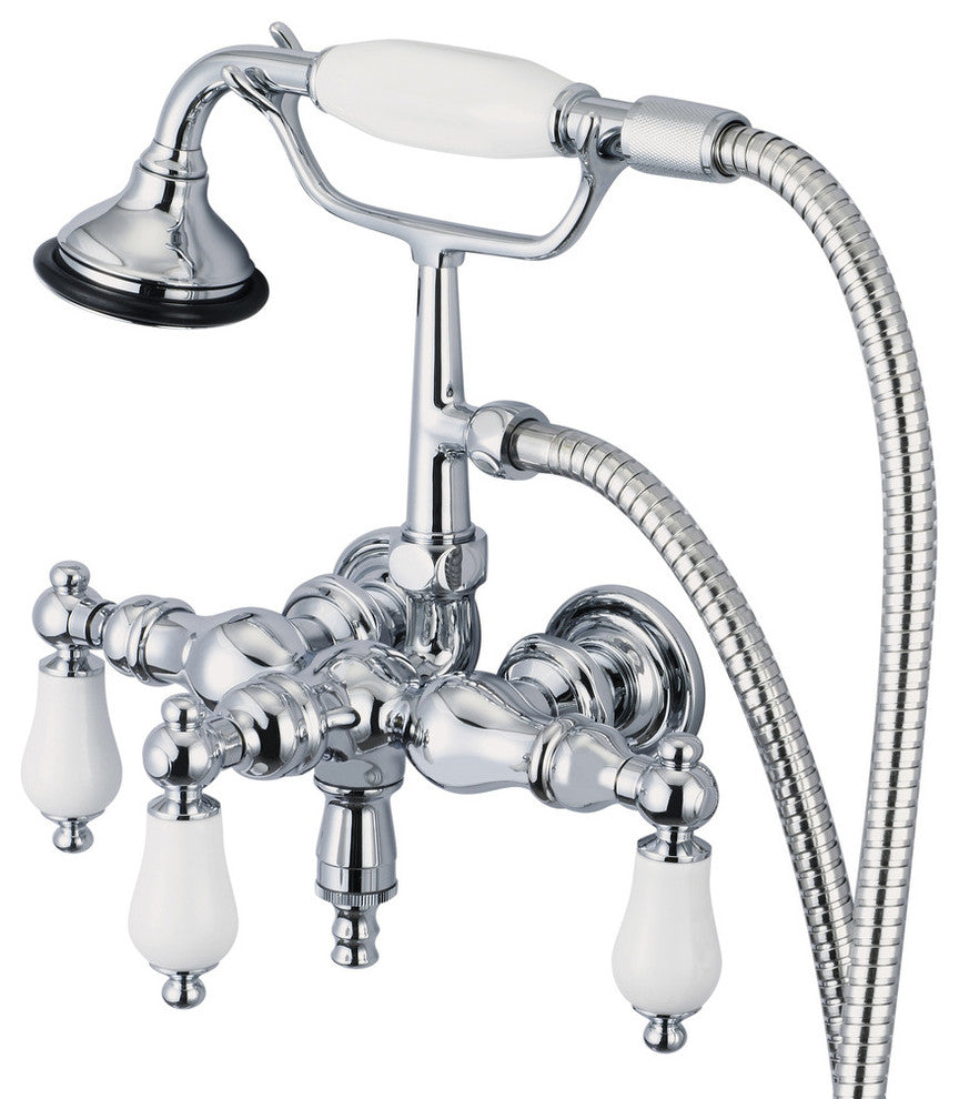 Vintage 3-3/8" Center Wallmount Tub Faucet & Handshower, Porcelain lever handles