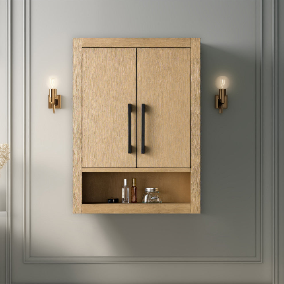 Vanity Art 24" Wall Mounted Bathroom Storage Cabinet, Natural Oak, Matte Black Handle
