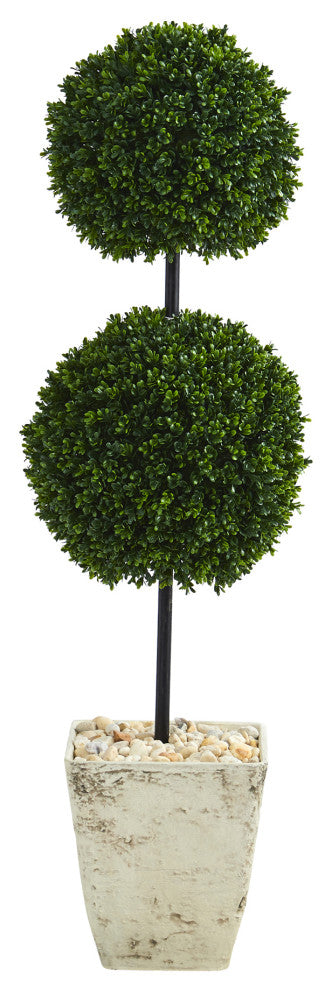 4' Boxwood Double Ball Faux Topiary Tree, Country White Planter Indoor/Outdoor