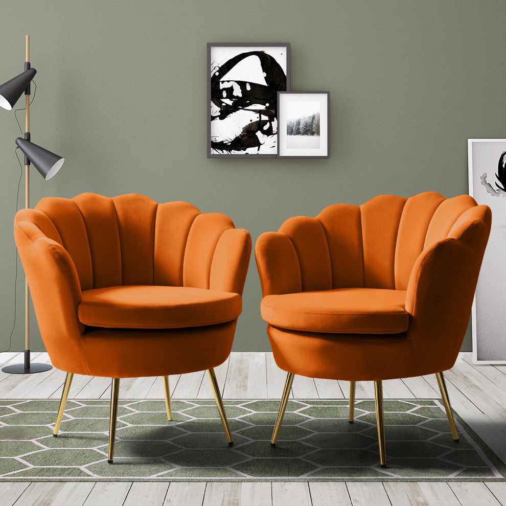 Velvet Accent Barrel Chair With Scalloped Seashell Edges Set of 2, Orange
