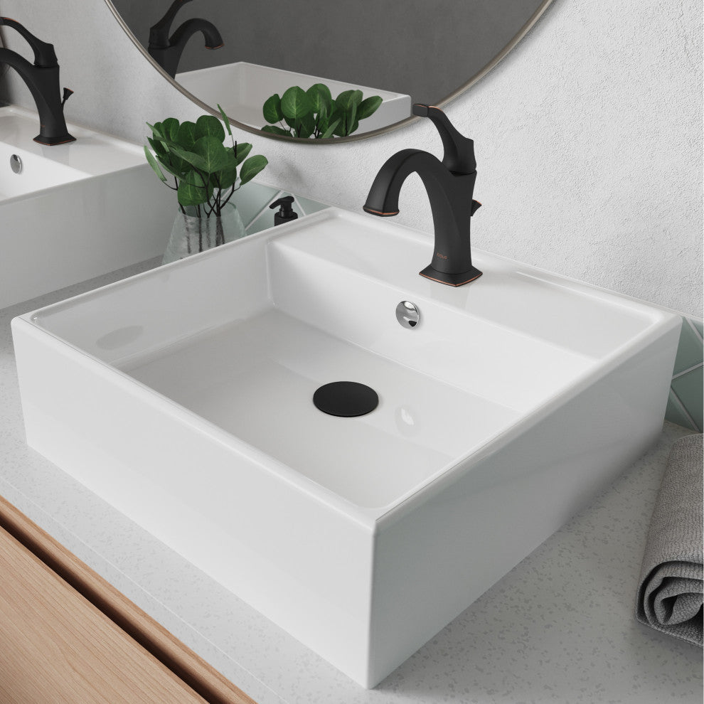 Elavo Square Ceramic Vessel Sink, Bathroom Arlo Faucet, Drain, Matte Black