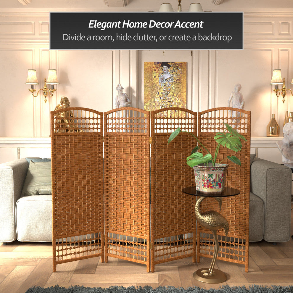 4' Tall Fiber Weave Room Divider, Dark Beige, 4 Panels