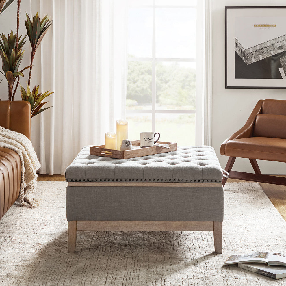 Upholstered Storage Cocktail Ottoman With Solid Wood Legs, Gray