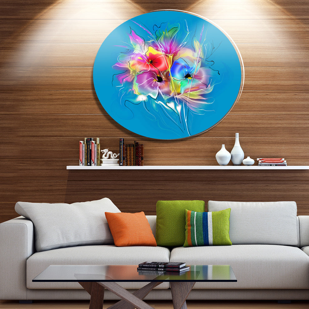 Summer Colorful Flowers On Blue, Floral Large Disc Metal Wall Art, 11"