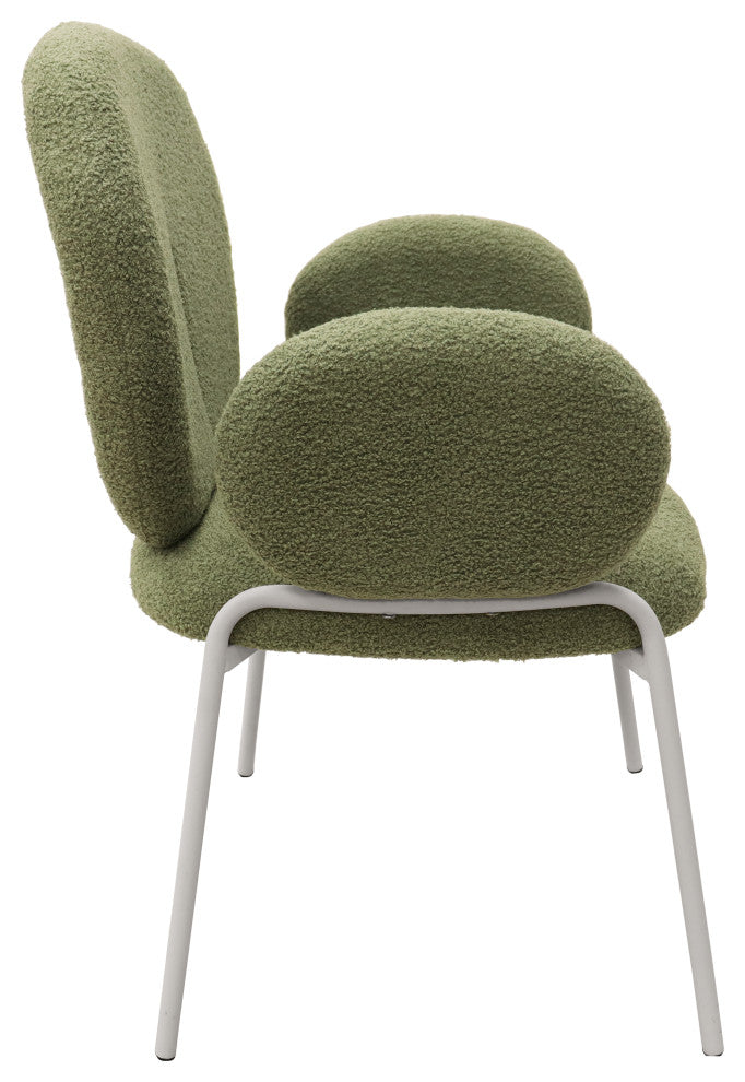 Celestial Boucle Dining Chairs With Arms, White Iron Legs, Green