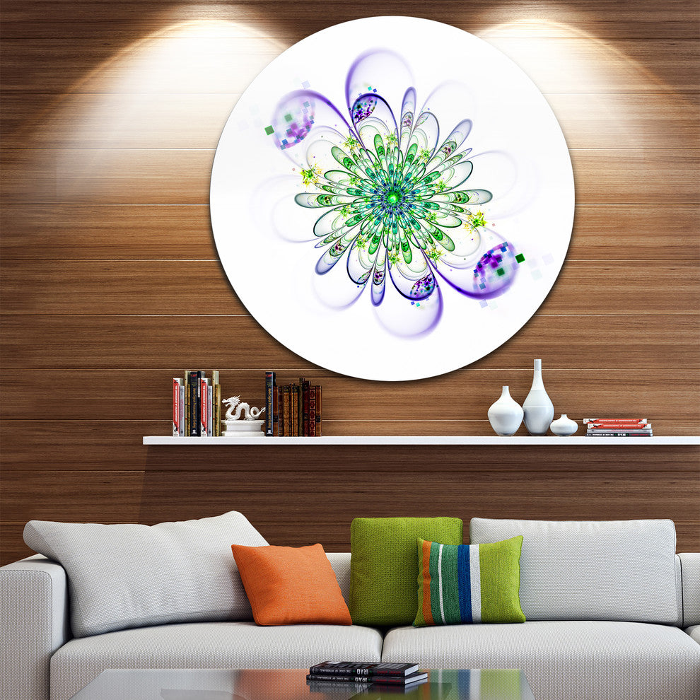 Fascinating Green Purple Fractal Flower, Floral Disc Metal Artwork, 11"