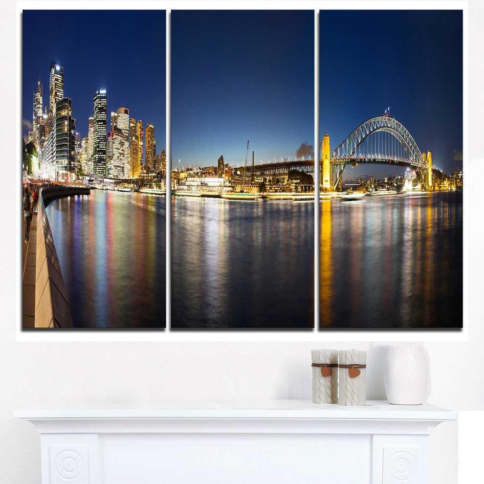 "Cityscape Sydney Nightfall Panorama" Metal Wall Art, 3 Panels, 36"x28"