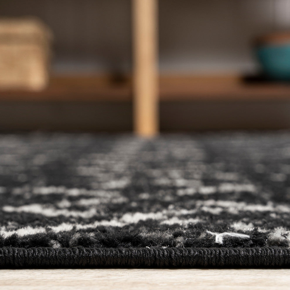 Moroccan HYPE Boho Vintage Diamond Runner Rug, Black/Ivory, 5' Square