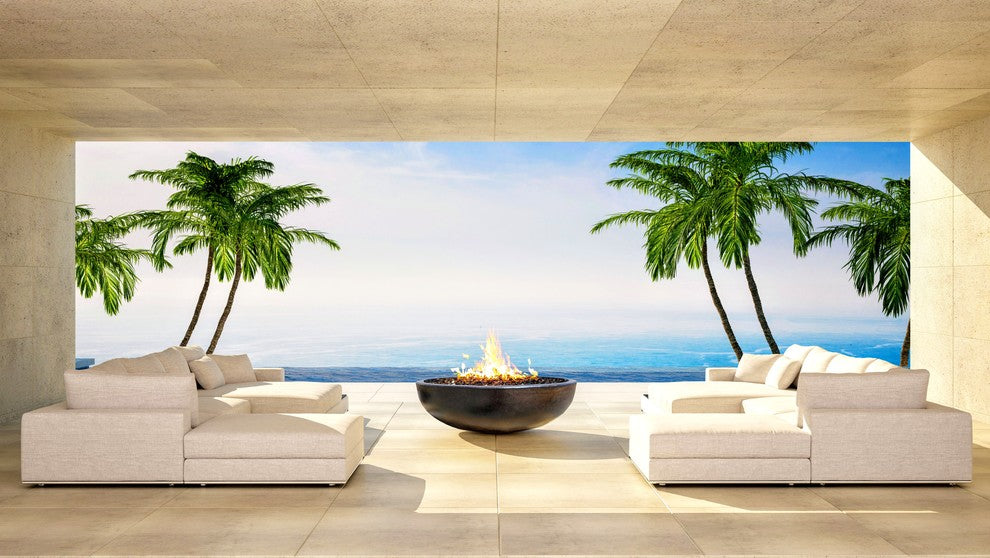 48" Concrete Fire Pit Bowl, Crushed Black Lava Filling, Natural Gas