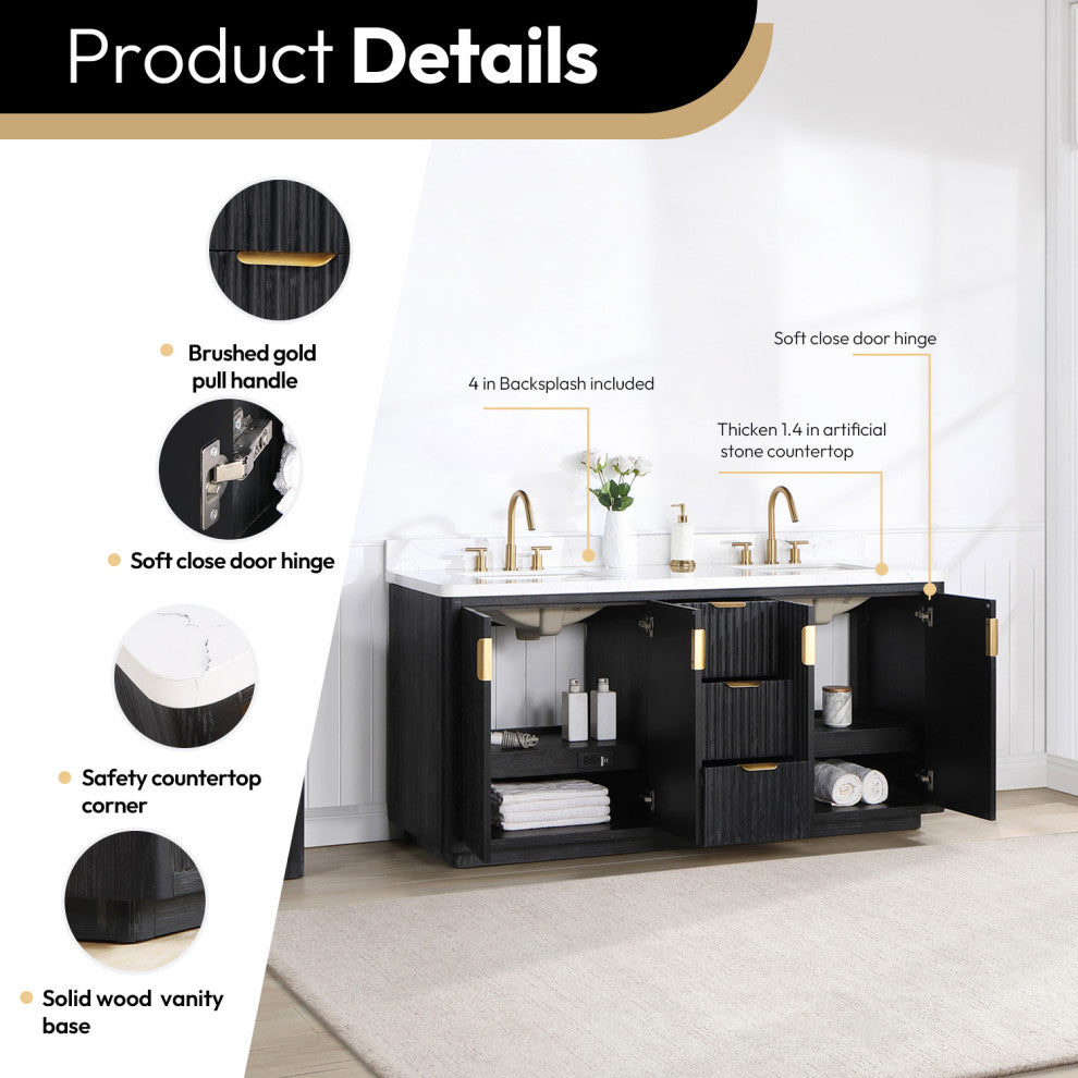 Vinnova Cadiz Bath Vanity, Composite Stone Top, Black, 72", With Mirror