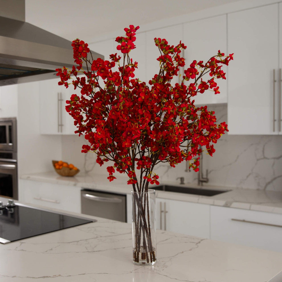 32" Artificial Cherry Blossom Arrangement, Cylinder Glass Vase, Red