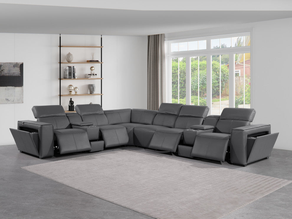 Niccolo Italian Leather 8-Piece L-Shaped Power Reclining Sectional, Dark Gray